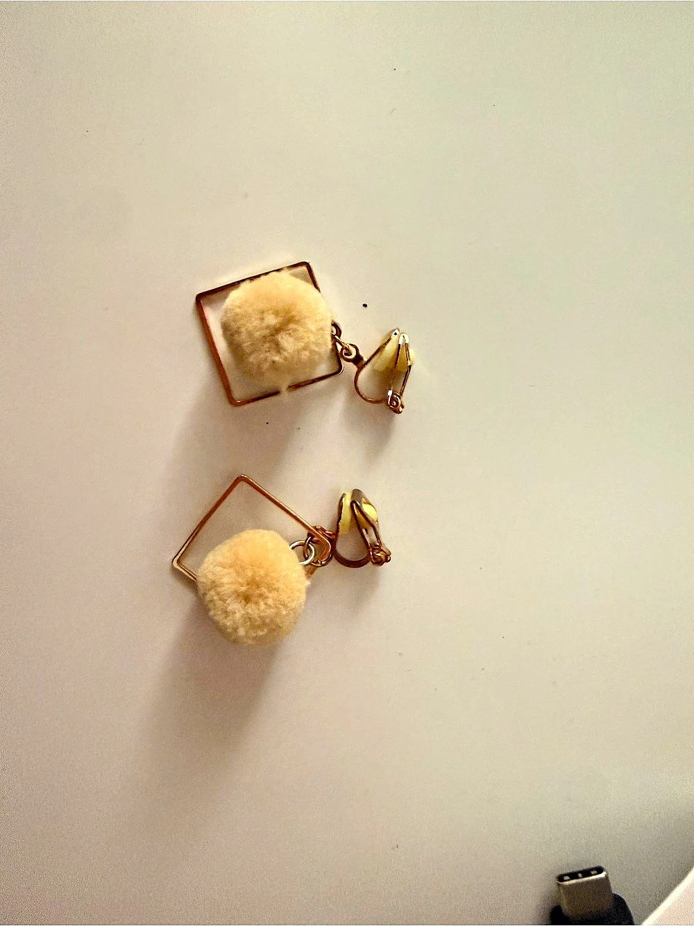 Gold & Cream Pom-Pom Drop Earrings Like New